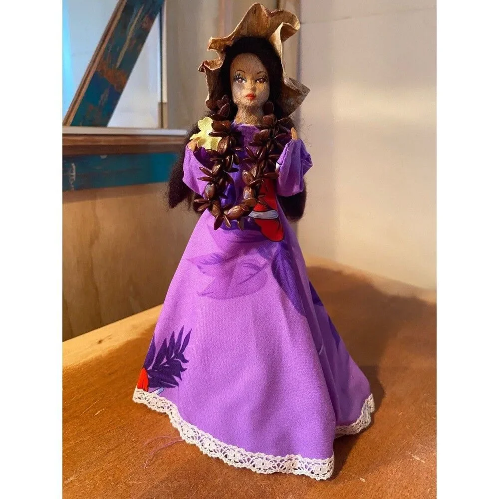 VINTAGE HAWAIIAN DOLL handcrafted holomu'u MAKALEKA 1970's tapa mache face